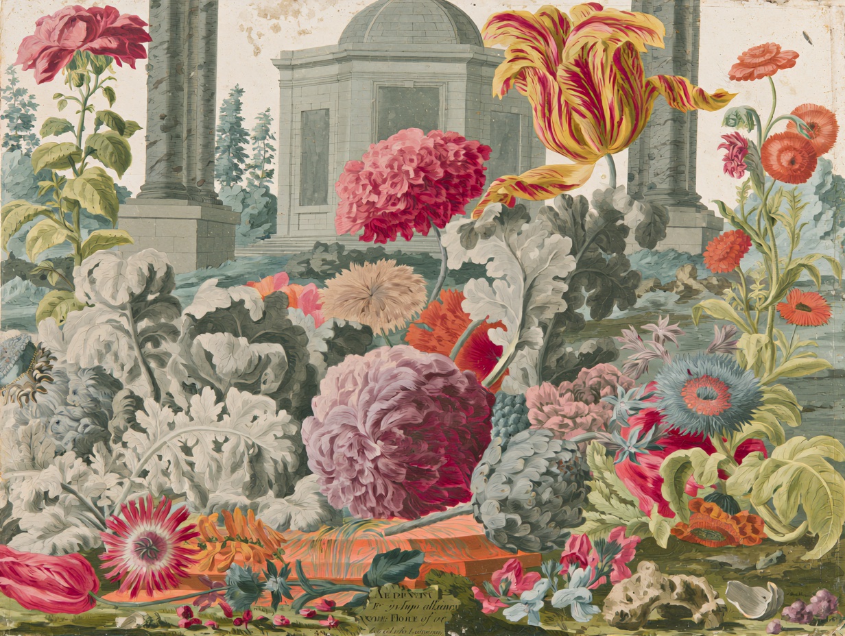 Botanical garden print with peonies, tulips, and classical architecture